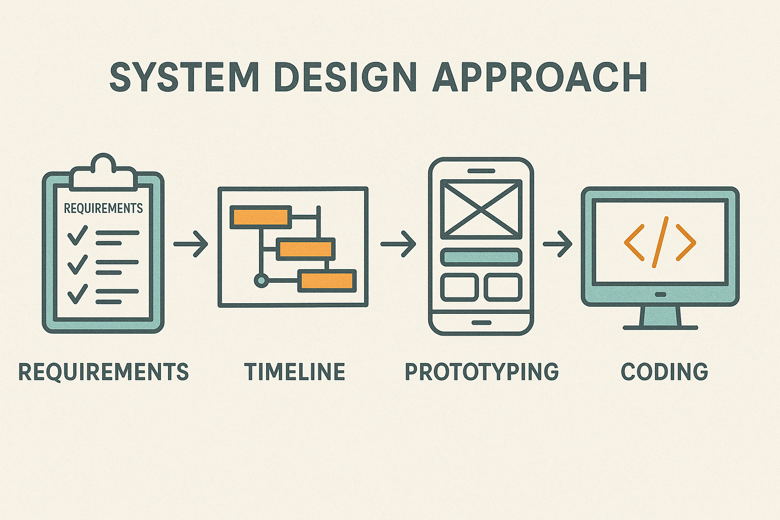 System Design involves planning on how to tackle a project, utilizing requirements, a timeline, and prototyping.